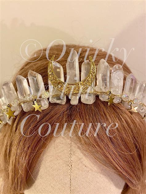 Quartz Aura Crystal Crown Gold Celestial Moon And Star Headband Etsy