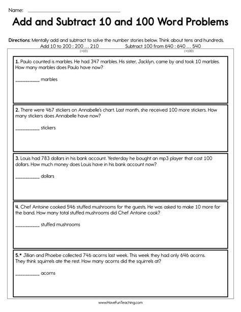 Add And Subtract 10 And 100 Word Problems Worksheet By Teach Simple