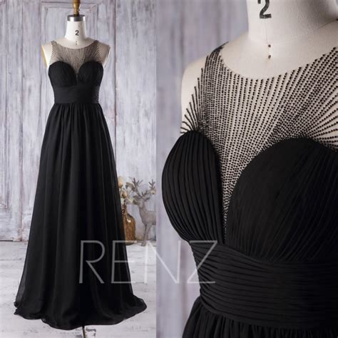 2016 Black Chiffon Bridesmaid Dress Beading Soft Tulle Illusion