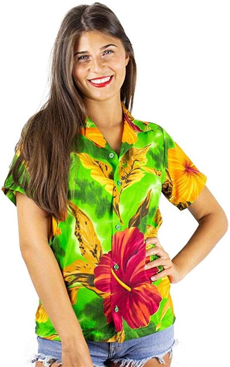 V H O Funky Hawaiibluse Hawaiihemd Damen Kurzarm Front Tasche Hawaii Print Blumen