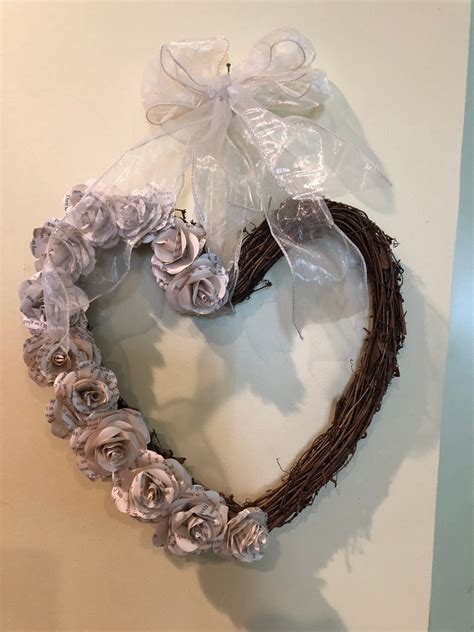 Romantic Heart Shaped Grapevine Wreath Whandmade Paper Roses Etsy