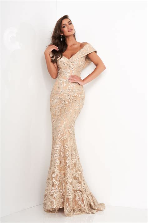Jovani 02923 Gold Embellished Lace Fitted Evening Dress