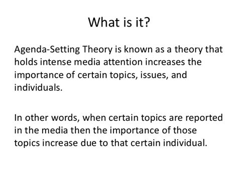 In reality, mass media only shows the audience what it comprehends as an important issue. Agenda setting theory