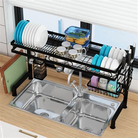 Stainless Steel Sink Dish Rack Kitchen Dish Drainer Rak Pinggan Mangkuk Rak Besi Atas Sinki