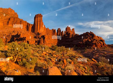 The Fisher Towers Glow In Sunset Moab Utah Stock Photo Alamy