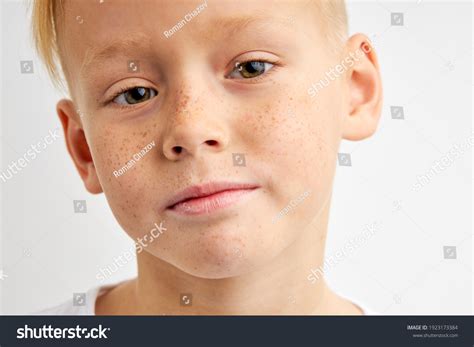 Closeup Portrait Freckled Kid Boy Looking Foto Stok 1923173384