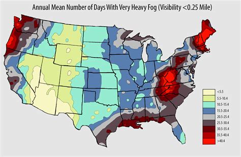 Us Map Of Annual Mean Number Of Days With Very Heavy Fog Visibility Of