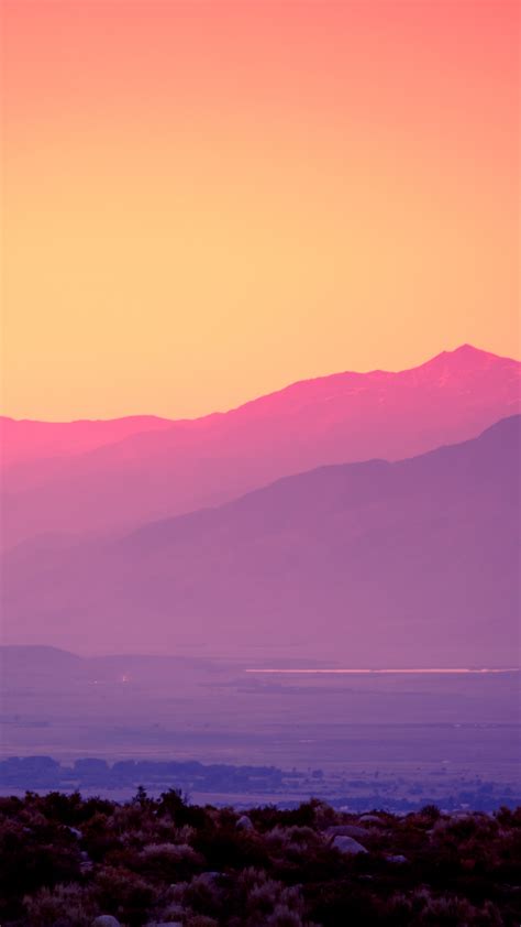 Pink Sky Wallpaper 4K, Sunset, Gradient, Mountains, Landscape, Nature