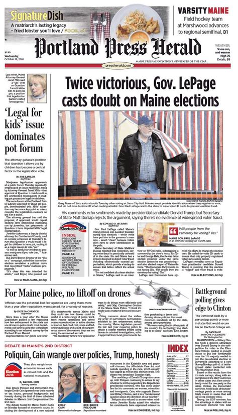 Todays Portland Press Herald Front Page Wednesday October 19 2016