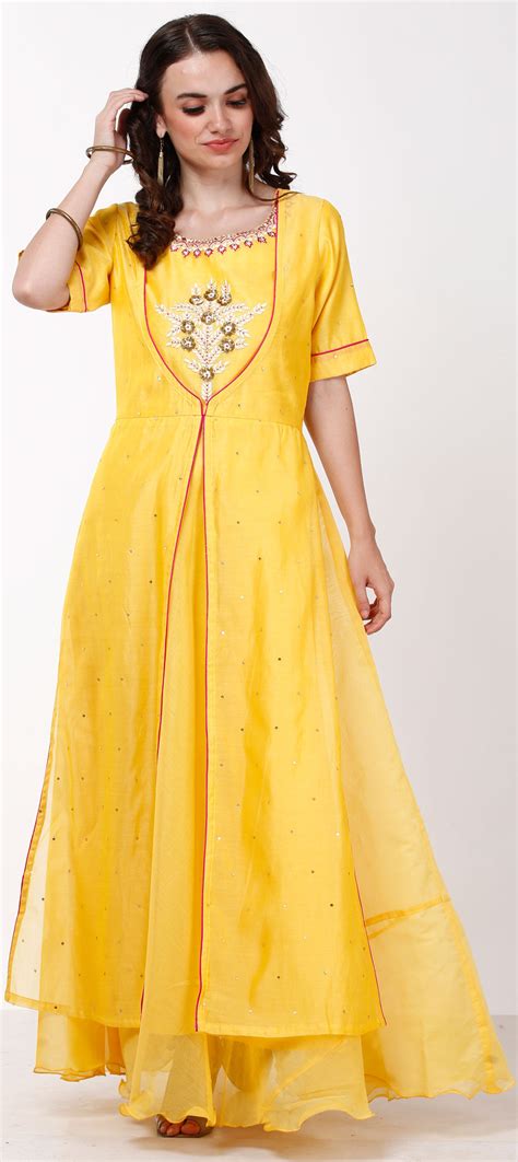Party Wear Yellow Color Chanderi Silk Fabric Gown 1589768