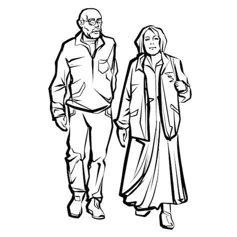 Premium Vector Happy Elderly Couple On A Walk Ink Drawing Vector