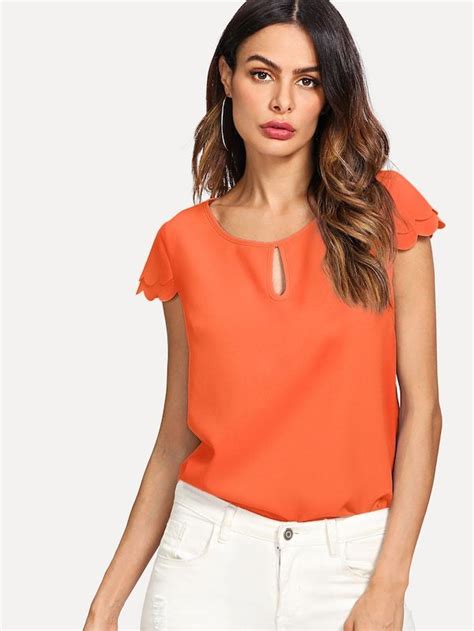 Neon Orange Scalloped Trim Sleeve Blouse Fashion Sleeve Blouse Top