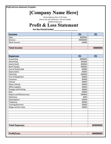 Profit And Loss Statement Excel Template