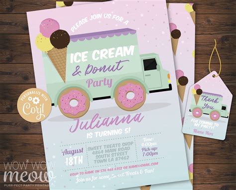 Ice Cream Donut Birthday Invitations Doughnuts Any Age Invites Etsy