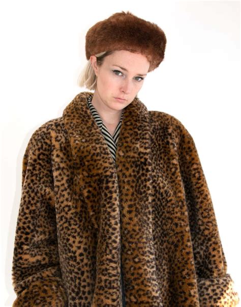 Vintage 80s Faux Leopard Fur Coat Boxy Womens Large Winter Retro