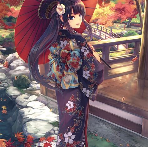 Kimono Girl Pretty Bonito Girl Anime Umbrella Kimono Hd