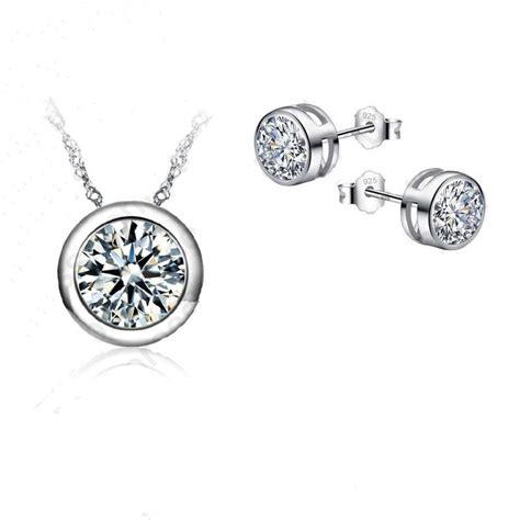 Wedding Jewelry Sets 925 Sterling Silver Round Pendant Clear White Cubic Zirconia Crystal
