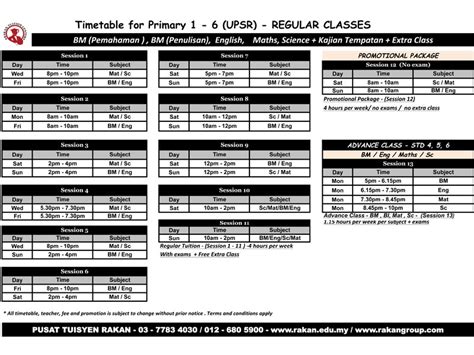 Tuition Timetable Pusat Tuisyen Rakan