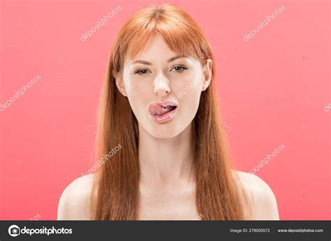 Front View Naked Redhead Girl Sticking Out Tongue Isolated Pink Stock