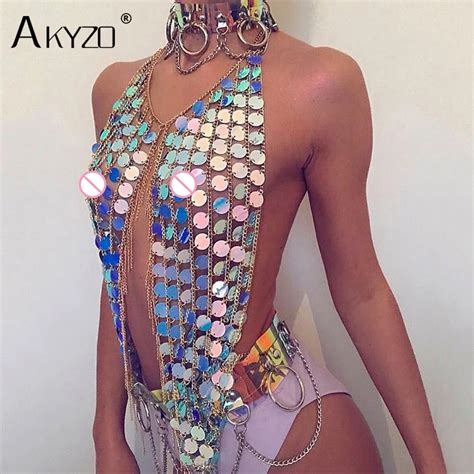 AKYZO Sexy Metal Chain Bling Sequins Crop Tops Women Summer Hollow Out