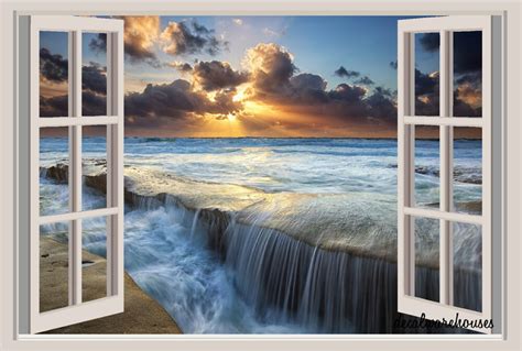 Ocean Sunset Beach Window View Repositionable Color Wall