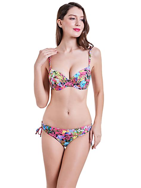 Dodoing Womens Retro Bikini Swimsuit Set Bandeau Bikini Floral Print Tie Side Bottom Two