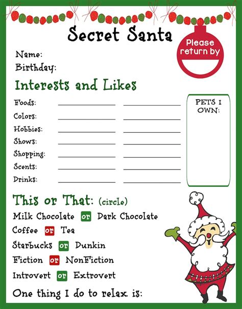 Printable Secret Santa Information Formsecret Santat Etsy