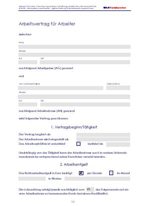 Formular ausfüllen, pdf downloaden & vorlage ausdrucken. Arbeitsvertrag mit einem Arbeiter