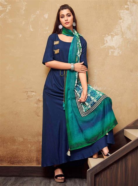 Blue Cotton Readymade Long Kurti 142839 Salwar Suits Party Wear Kurti Salwar Suits Simple