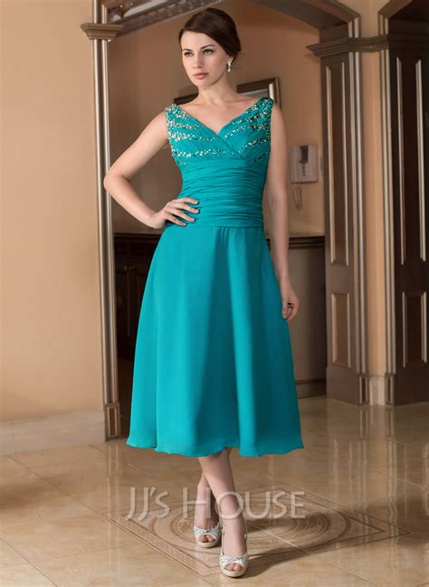 A Lineprincess V Neck Tea Length Chiffon Mother Of The Bride Dress