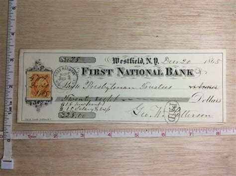 Vintage Old Antique 1865 First National Bank Check By Heetershaven