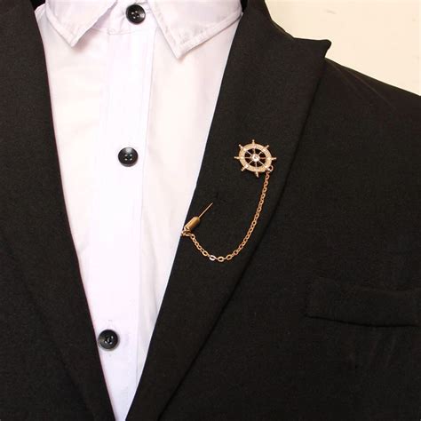 Hot Unisex Gold Rhinestone Anchor Brooch Suit Shirt Stick Lapel Pin Chain Brooch Jewelry T