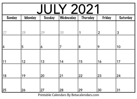 Free Printable July 2021 Calendar