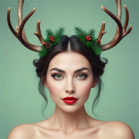 Premium Ai Image Beautiful Young Woman With Christmas Deer Antlers On