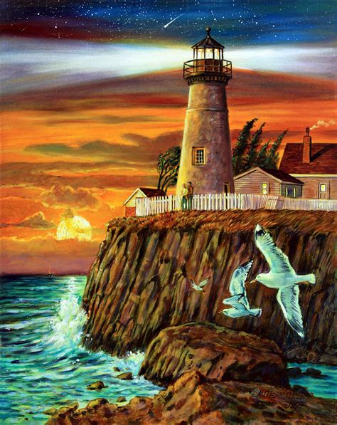 Lighthouse Sunset Painting By John Lautermilch Fine Art America