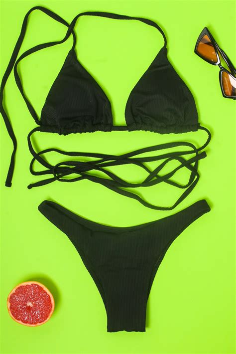 Black Triangle Bikini Set With Decorative Strap Ligglo