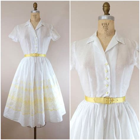 Vintage 1950s Shirtwaist Dress White And Yellow 50s Dress Etsy