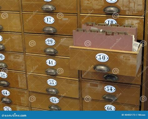Library File Cabinet With Old Wood Card Drawers Stock Image Image Of
