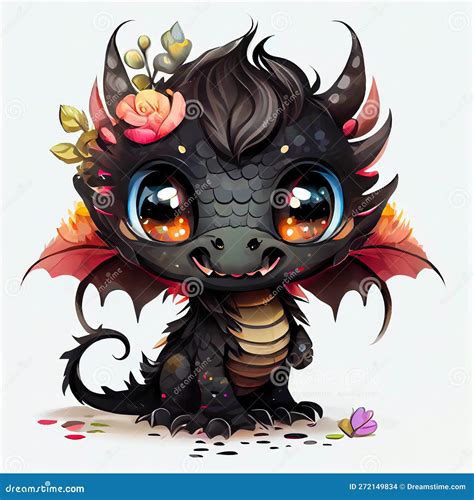 Fantasy Cute Baby Black Dragon With Flower Stock Photo Image Of
