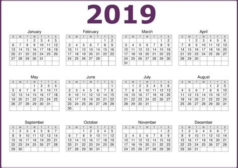 One Page 2019 Printable Calendar Free Download Calendar 2019 Printable