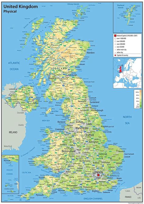 The united kingdom is located in western europe and consists of england, scotland, wales and united kingdom is one of nearly 200 countries illustrated on our blue ocean laminated map of the. Large Laminated UK United Kingdom Physical Map Wall Poster Roads Cities Towns 700621161189 | eBay