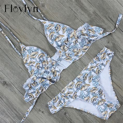 Floylyn Lotus Printing New Design Push Up Women Sexy Bikini Set With Ruffled Front In Bikinis