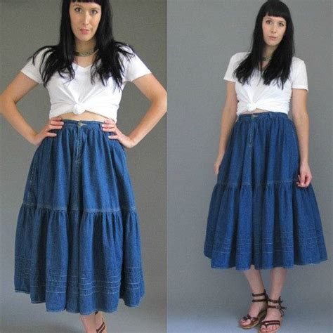 1980s Denim Prairie Full Sweep Skirt High Waist Pockets Etsy High