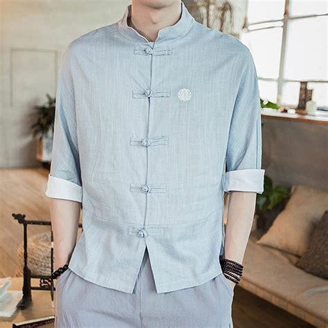 New Arrival Stand Collar Chinese Style Linen Shirt Men Embroidery