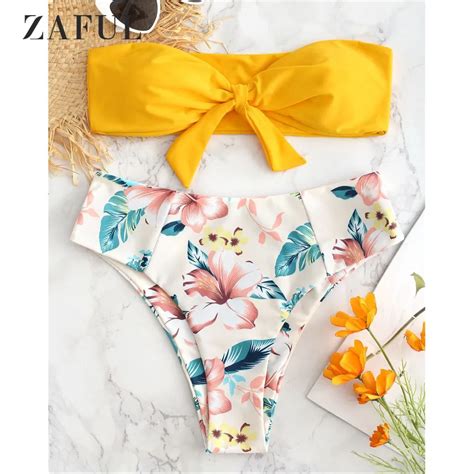 Zaful Bandeau Knotted Floral Bikini Set Swimwear Women High Waist Ed