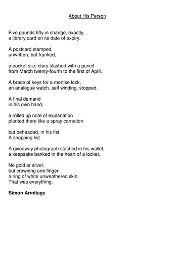 Gcse And Ks3 Unseen Poetry Ofsted Lesson Based On Simon Armitage Poem About His Person