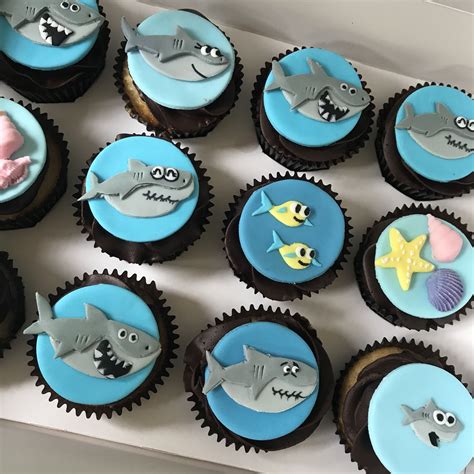 Baby Shark Themed Cupcakes Shark Birthday Party Baby Shark Shark