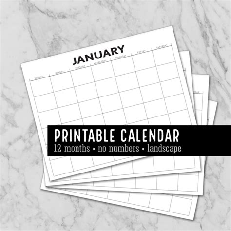 Monthly Blank Calendar Modern Bold Horizontal Printable 12 Etsy