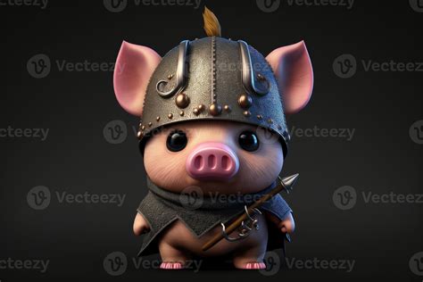 AI Generated Cute Pig In Warrior Mascot Costume On Black Background