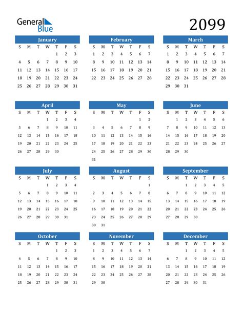 2099 Calendar Pdf Word Excel